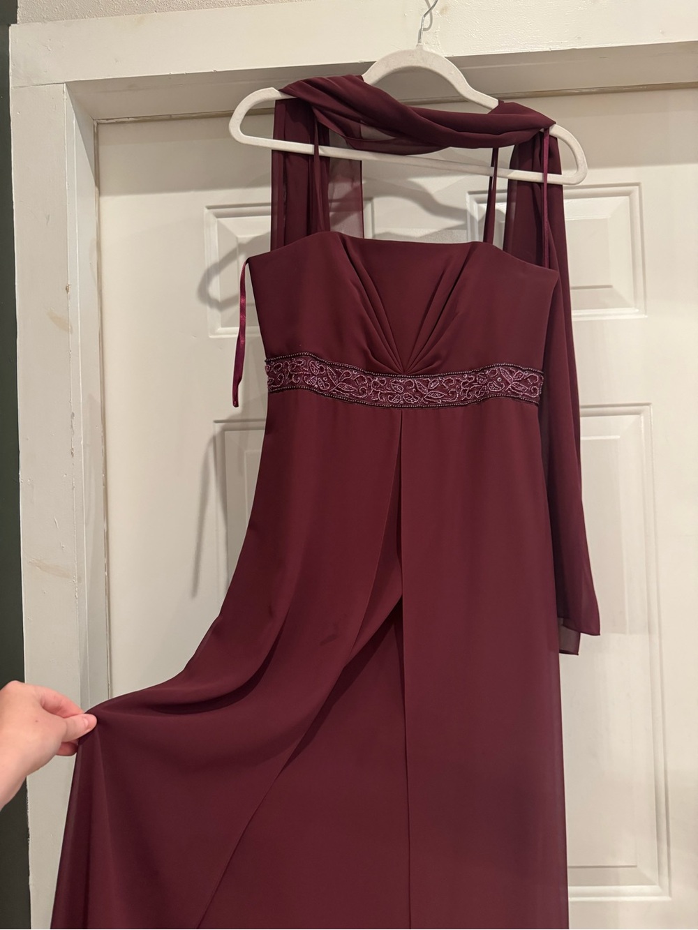Michaelangelo Burgundy Evening Dress with Beaded Waistband and Matching Scarf